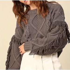 Line & Dot Sweater XS Gray Chunky Cropped Knit Jasper Fringe Anthropologie Women